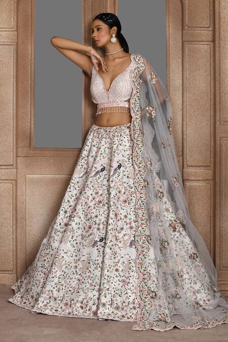 Shop_Kalighata_Pink Silk, Chiffon Sequins, Beads Plunge Neck Embroidered Bridal Lehenga Set _Online_at_Aza_Fashions