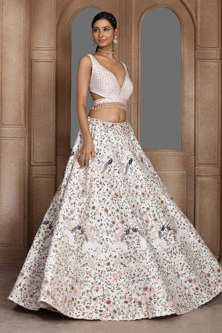 Kalighata_Pink Silk, Chiffon Sequins, Beads Plunge Neck Embroidered Bridal Lehenga Set _at_Aza_Fashions