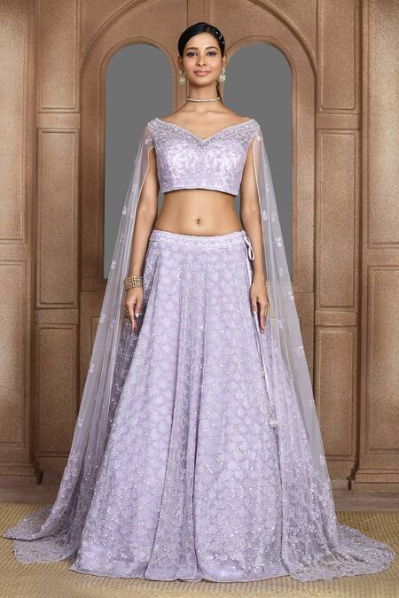 Kalighata_Purple Net Sequins, Cut Work Ocean Dana Embroidered Lehenga And Blouse Set _Online_at_Aza_Fashions