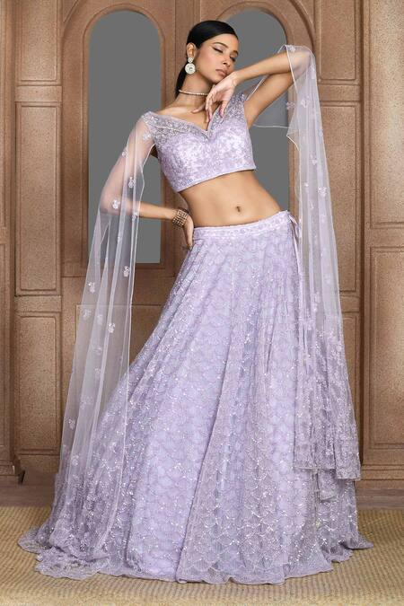 Shop_Kalighata_Purple Net Sequins, Cut Work Ocean Dana Embroidered Lehenga And Blouse Set _Online_at_Aza_Fashions