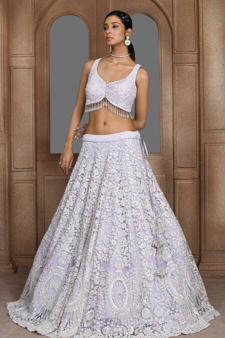 Kalighata_Purple Net Beads, Tassels, Sequins, Nooraniyat Embroidered Bridal Lehenga Set _at_Aza_Fashions