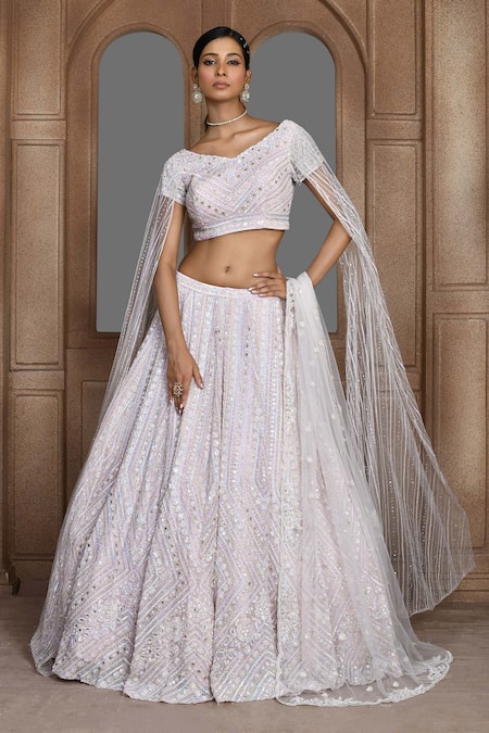 Buy Pink Organza Embroidered Sequin V Neck Stella Geometric Lehenga Set ...