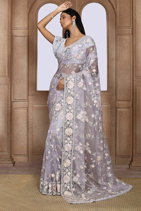 Kalighata_Purple Organza Sequins, Beads, Cut Work Oomvi Floral Thread Embroidered Saree _Online_at_Aza_Fashions