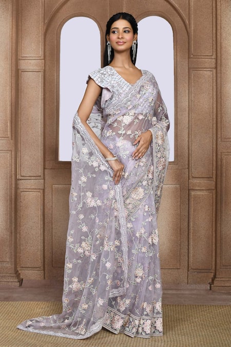 Buy_Kalighata_Purple Organza Sequins, Beads, Cut Work Oomvi Floral Thread Embroidered Saree _Online_at_Aza_Fashions