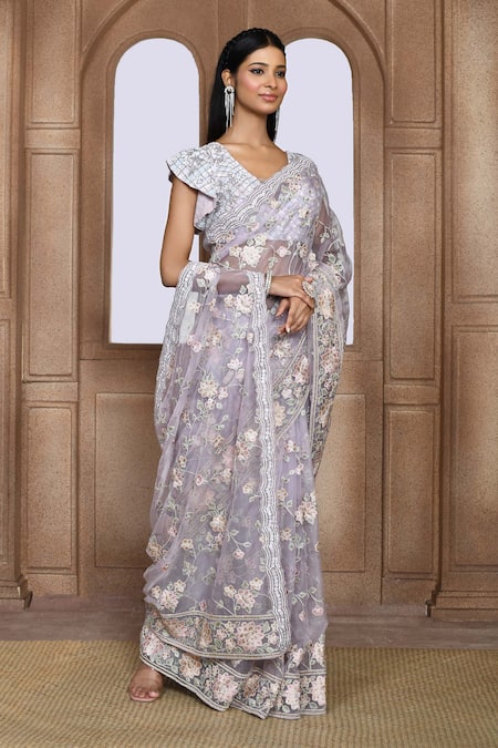 Shop_Kalighata_Purple Organza Sequins, Beads, Cut Work Oomvi Floral Thread Embroidered Saree _Online_at_Aza_Fashions