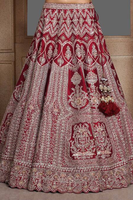 Buy_Kalighata_Maroon Silk Zari, Embroidery Plunge Neck Shadi Saga Zardozi Bridal Lehenga Set _Online_at_Aza_Fashions