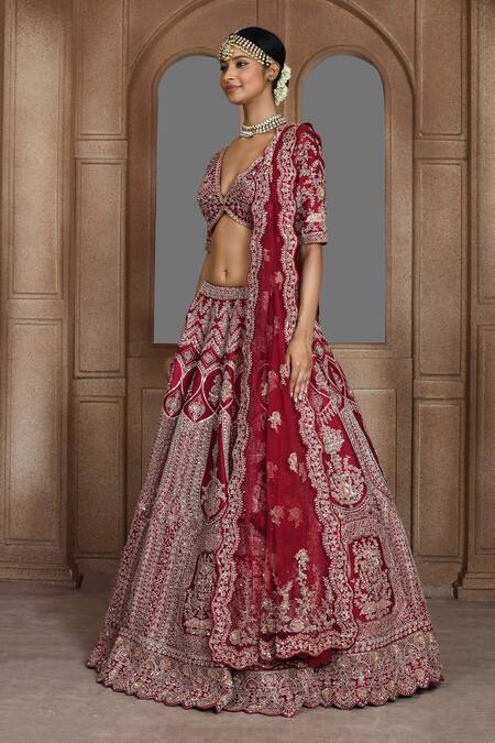 Shop_Kalighata_Maroon Silk Zari, Embroidery Plunge Neck Shadi Saga Zardozi Bridal Lehenga Set _Online_at_Aza_Fashions