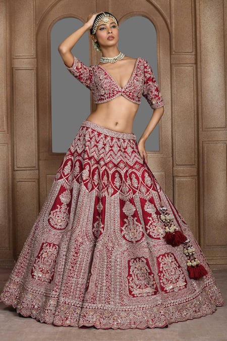 Kalighata_Maroon Silk Zari, Embroidery Plunge Neck Shadi Saga Zardozi Bridal Lehenga Set _at_Aza_Fashions