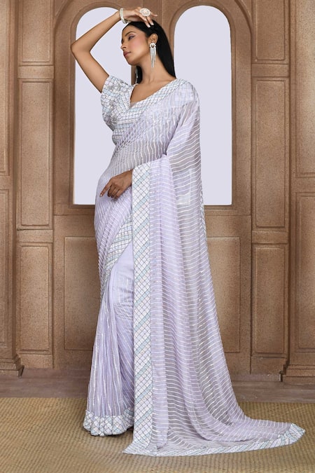Kalighata_Purple Organza Sequins Box Wave Embroidered Saree _Online_at_Aza_Fashions