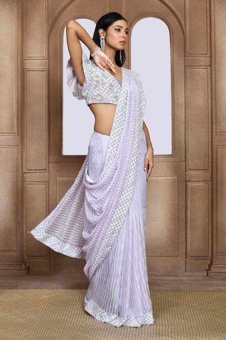 Buy_Kalighata_Purple Organza Sequins Box Wave Embroidered Saree _Online_at_Aza_Fashions