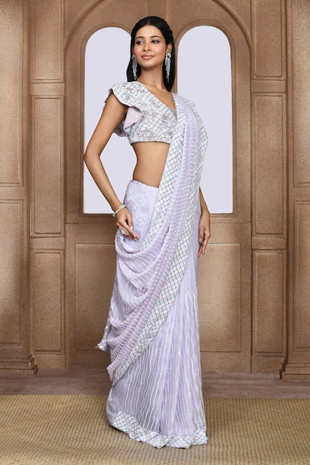 Shop_Kalighata_Purple Organza Sequins Box Wave Embroidered Saree _Online_at_Aza_Fashions