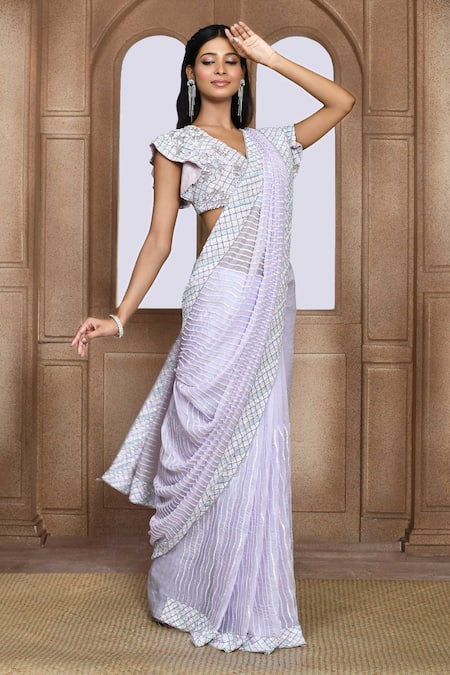 Kalighata_Purple Organza Sequins Box Wave Embroidered Saree _at_Aza_Fashions