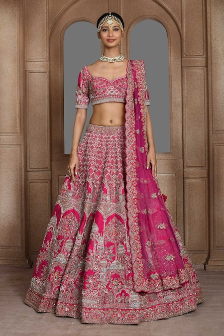 Kalighata_Pink Silk Zari, Embroidery Sweetheart Neck Lucknowi Zardozi Bridal Lehenga Set _Online_at_Aza_Fashions