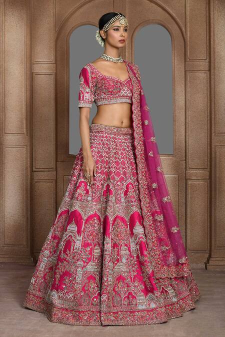 Shop_Kalighata_Pink Silk Zari, Embroidery Sweetheart Neck Lucknowi Zardozi Bridal Lehenga Set _Online_at_Aza_Fashions
