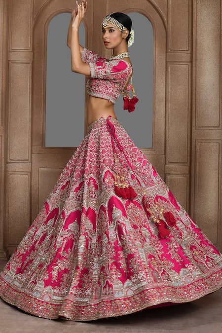Kalighata_Pink Silk Zari, Embroidery Sweetheart Neck Lucknowi Zardozi Bridal Lehenga Set _at_Aza_Fashions