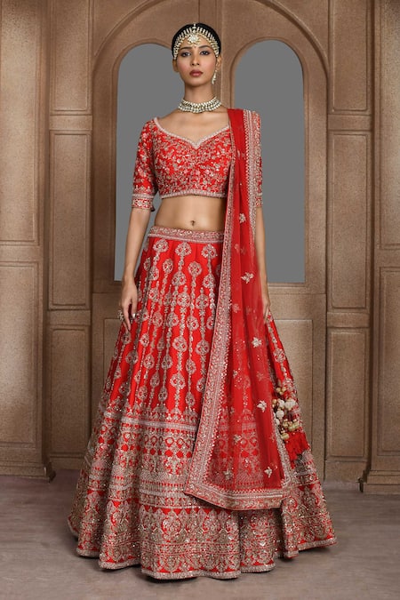 Kalighata Red Raw Silk Embroidered Thread And Zardozi Work Leaf Bhavna Bridal Lehenga Set 