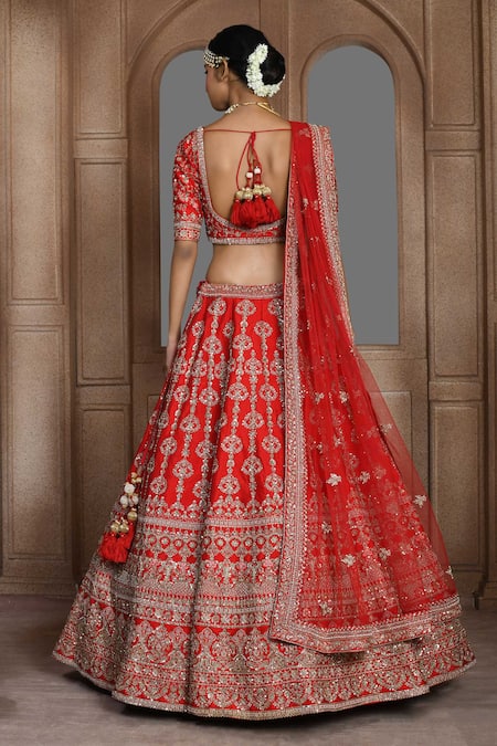 Shop_Kalighata_Red Silk Zari, Embroidery Bhavna Zardozi Bridal Lehenga Set _at_Aza_Fashions
