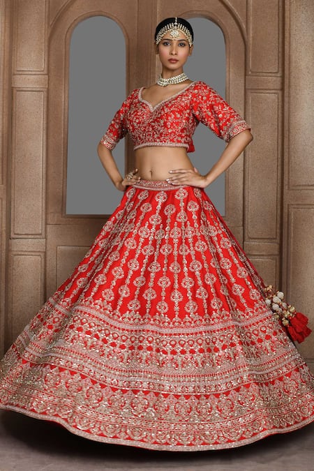 Kalighata_Red Silk Zari, Embroidery Bhavna Zardozi Bridal Lehenga Set _at_Aza_Fashions