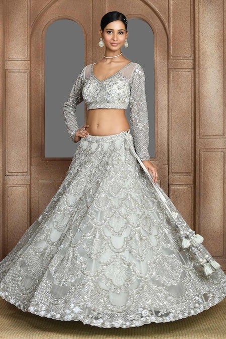 Kalighata_Green Net Sequins, Zari V-neck Scallop Pattern Bridal Lehenga Set _at_Aza_Fashions