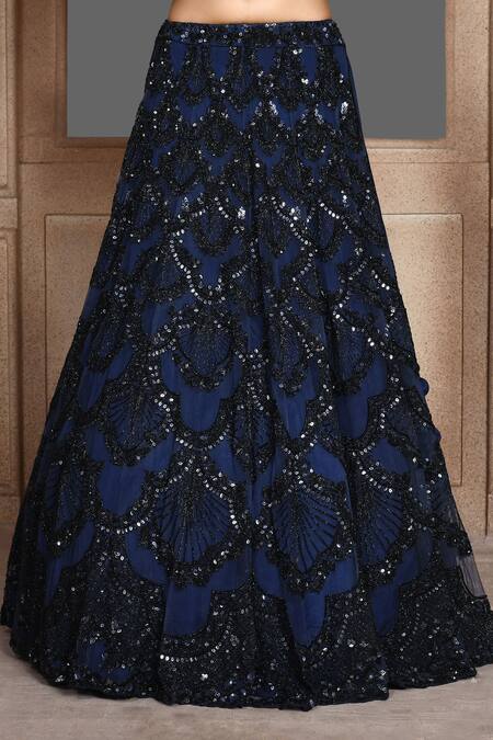 Kalighata_Blue Net Sequins, Zari V-neck Thread Embroidered Bridal Lehenga Set _Online_at_Aza_Fashions