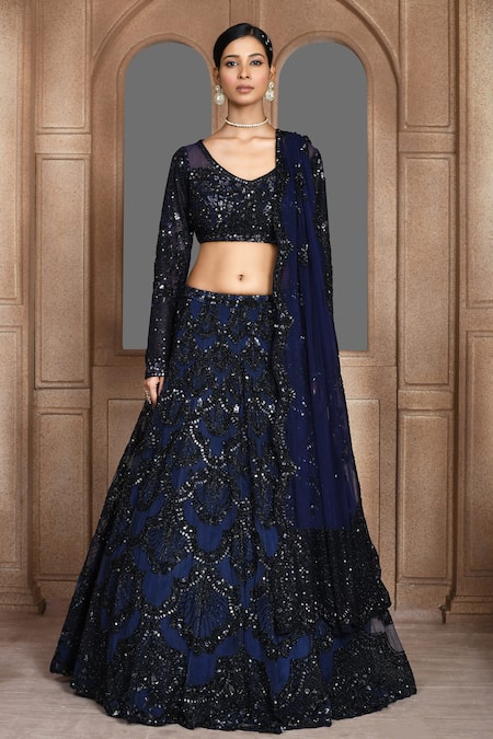 Buy_Kalighata_Blue Net Sequins, Zari V-neck Thread Embroidered Bridal Lehenga Set _Online_at_Aza_Fashions