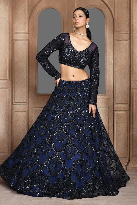 Kalighata_Blue Net Sequins, Zari V-neck Thread Embroidered Bridal Lehenga Set _at_Aza_Fashions