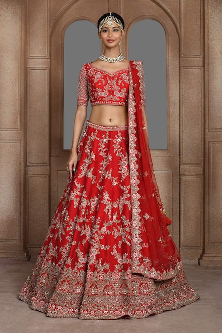 Kalighata_Red Silk, Chiffon Sequins, Zari, Cut Work Raw Embroidered Bridal Lehenga Set _Online_at_Aza_Fashions