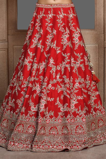 Shop_Kalighata_Red Silk, Chiffon Sequins, Zari, Cut Work Raw Embroidered Bridal Lehenga Set _Online_at_Aza_Fashions