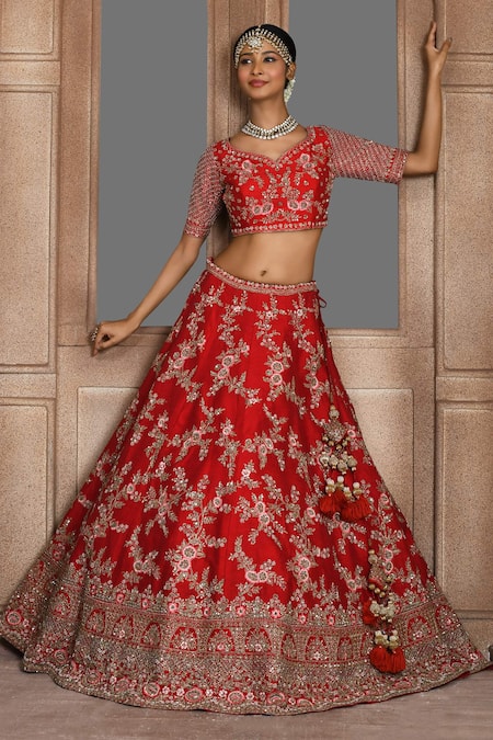 Kalighata_Red Silk, Chiffon Sequins, Zari, Cut Work Raw Embroidered Bridal Lehenga Set _at_Aza_Fashions