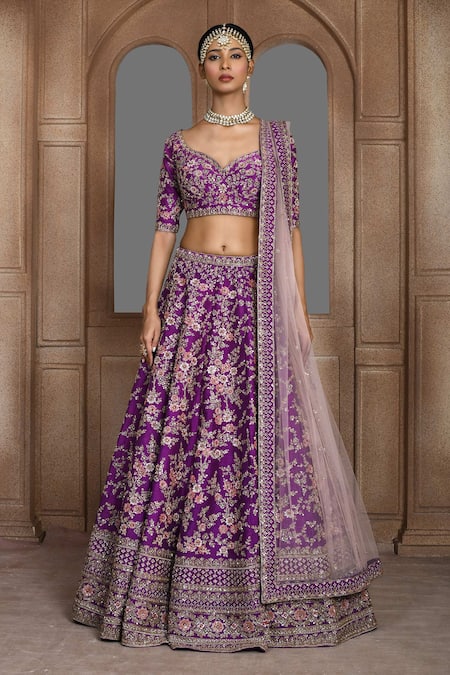Kalighata_Purple Silk Sequins, Zari Paheli Thread Embroidered Bridal Lehenga Set _Online_at_Aza_Fashions