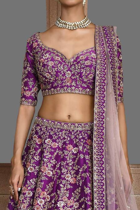 Buy Kalighata Purple Silk Sequins, Zari Paheli Thread Embroidered Bridal Lehenga Set Online at Aza Fashions Buy_Kalighata_Purple Silk Sequins, Zari Paheli Thread Embroidered Bridal Lehenga Set _Online_at_Aza_Fashions