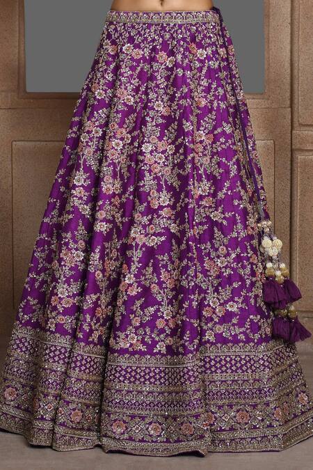 Shop_Kalighata_Purple Silk Sequins, Zari Paheli Thread Embroidered Bridal Lehenga Set _Online_at_Aza_Fashions