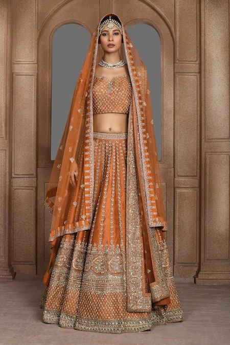 Kalighata_Orange Silk Sequins, Cut Work Asymmetric Aster Raw Bridal Lehenga Set _Online_at_Aza_Fashions