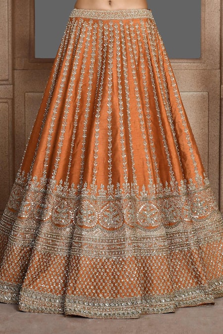 Kalighata_Orange Silk Sequins, Cut Work Asymmetric Aster Raw Bridal Lehenga Set _at_Aza_Fashions