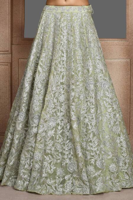 Kalighata_Green Organza Piping, Embroidery Asymmetric Caramel Bridal Lehenga Set_Online_at_Aza_Fashions