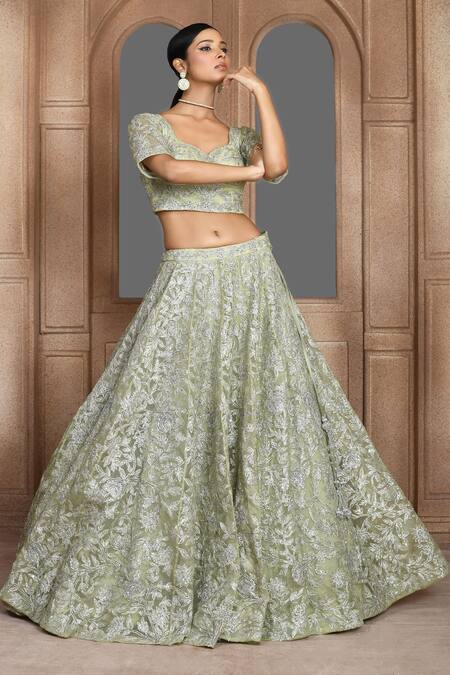 Kalighata_Green Organza Piping, Embroidery Asymmetric Caramel Bridal Lehenga Set_at_Aza_Fashions