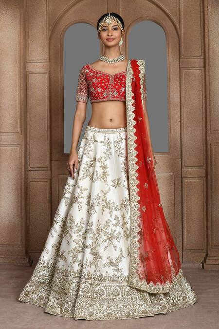 Kalighata_Ivory Silk Sequins, Zari, Cut Gardenia Floral Embroidered Bridal Lehenga Set _Online_at_Aza_Fashions