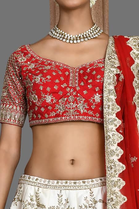 Buy_Kalighata_Ivory Silk Sequins, Zari, Cut Gardenia Floral Embroidered Bridal Lehenga Set _Online_at_Aza_Fashions