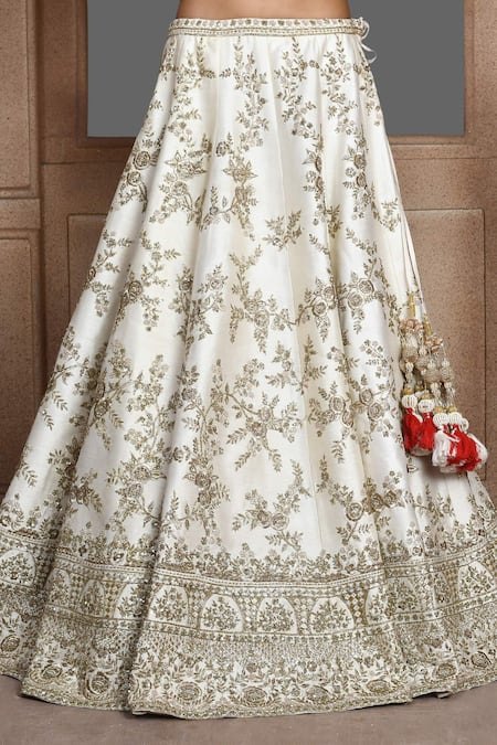 Shop_Kalighata_Ivory Silk Sequins, Zari, Cut Gardenia Floral Embroidered Bridal Lehenga Set _Online_at_Aza_Fashions
