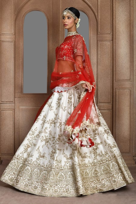 Kalighata_Ivory Silk Sequins, Zari, Cut Gardenia Floral Embroidered Bridal Lehenga Set _at_Aza_Fashions