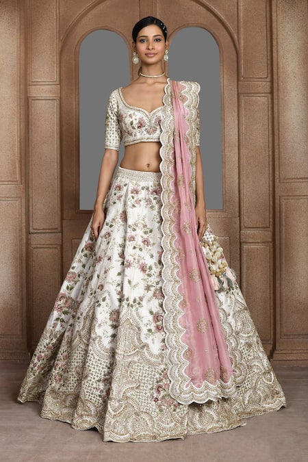 Kalighata_Ivory Silk, Chiffon Embroidery, Zari, Sequins Jasmine Flower Bridal Lehenga Set _Online_at_Aza_Fashions