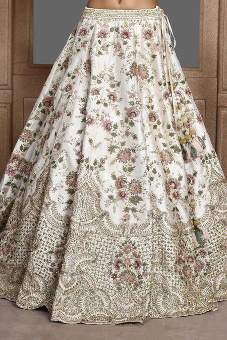 Shop_Kalighata_Ivory Silk, Chiffon Embroidery, Zari, Sequins Jasmine Flower Bridal Lehenga Set _Online_at_Aza_Fashions