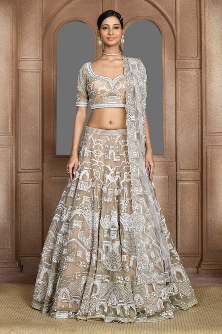 Buy_Kalighata_Gold Organza Taj Mahal Pattern Bridal Lehenga Set _Online_at_Aza_Fashions
