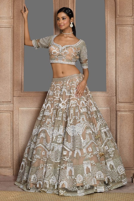 Buy_Kalighata_Gold Organza Taj Mahal Pattern Bridal Lehenga Set 