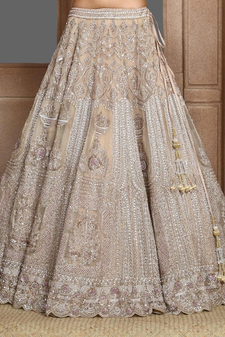 Kalighata_Gold Organza Sequins, Zari Asymmetric Zardozi Embroidered Bridal Lehenga Set _Online_at_Aza_Fashions