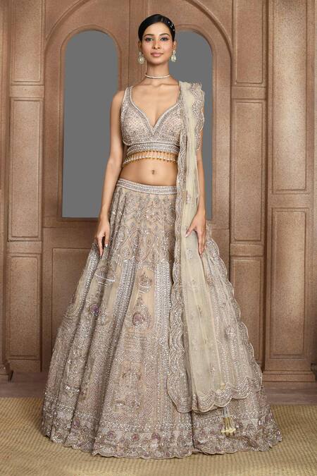 Buy_Kalighata_Gold Organza Sequins, Zari Asymmetric Zardozi Embroidered Bridal Lehenga Set _Online_at_Aza_Fashions