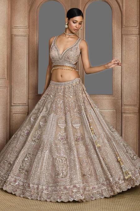 Kalighata_Gold Organza Sequins, Zari Asymmetric Zardozi Embroidered Bridal Lehenga Set _at_Aza_Fashions
