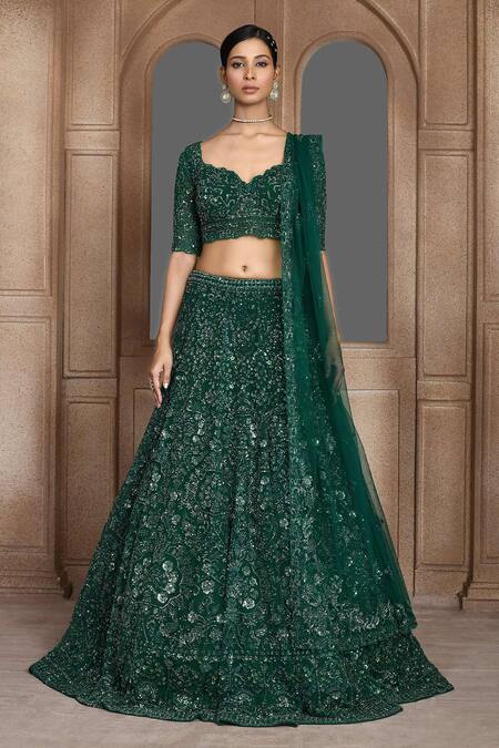 Kalighata_Green Net Zari, Sequins Sweetheart Kahkashah Embroidered Bridal Lehenga Set _Online_at_Aza_Fashions