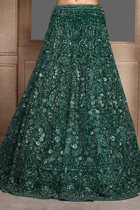 Shop_Kalighata_Green Net Zari, Sequins Sweetheart Kahkashah Embroidered Bridal Lehenga Set _Online_at_Aza_Fashions