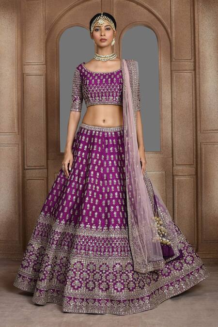Kalighata_Purple Silk, Net Sequins, Zari Swastik Thread Embroidered Bridal Lehenga Set _Online_at_Aza_Fashions